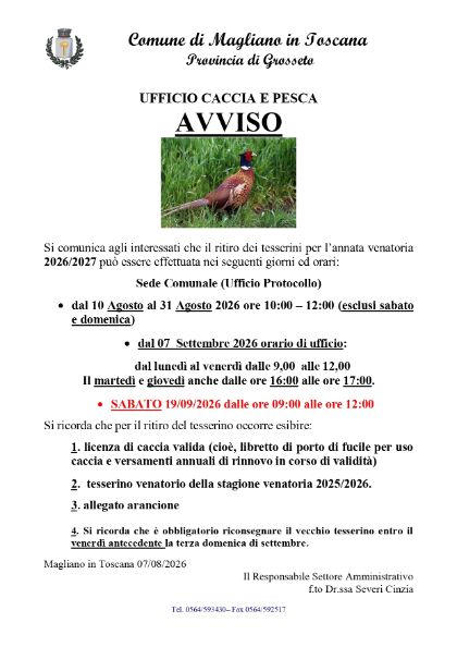 Date consegna tesserini venatori stagione 2026-2027.