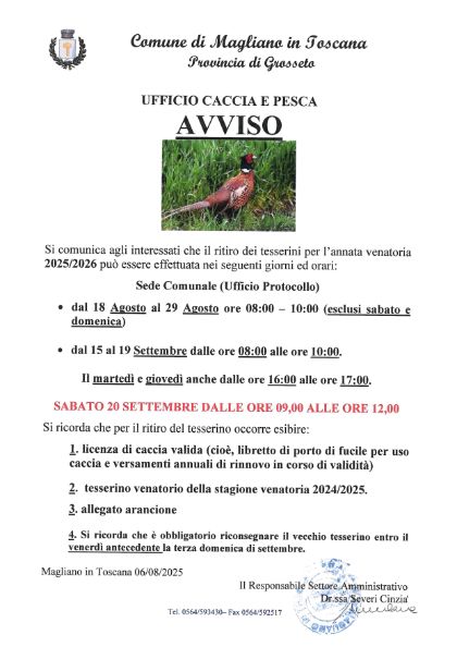 Date consegna tesserini venatori. Date consegna tesserini venatori.